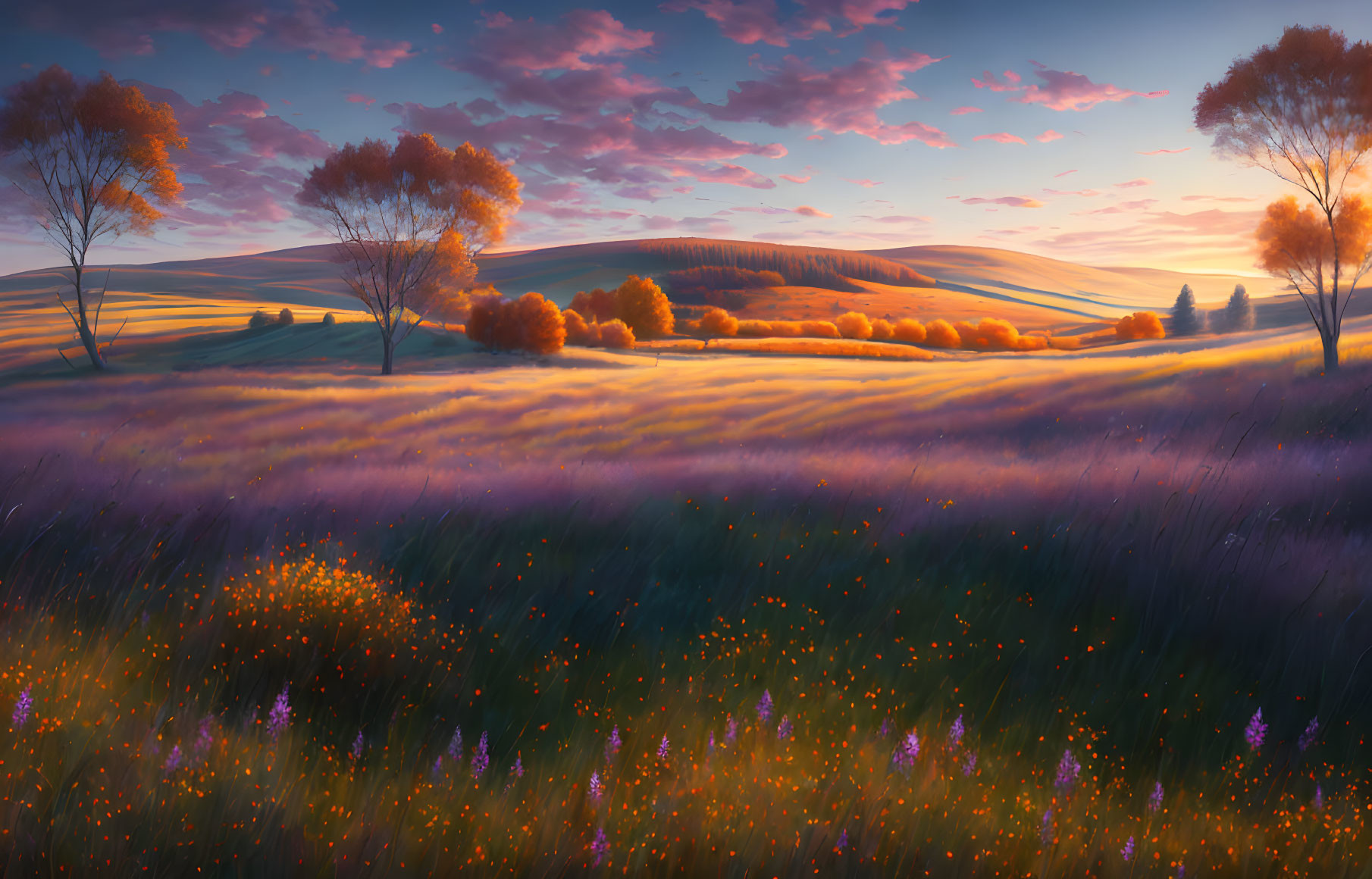 Tranquil sunset landscape with rolling hills and wildflowers