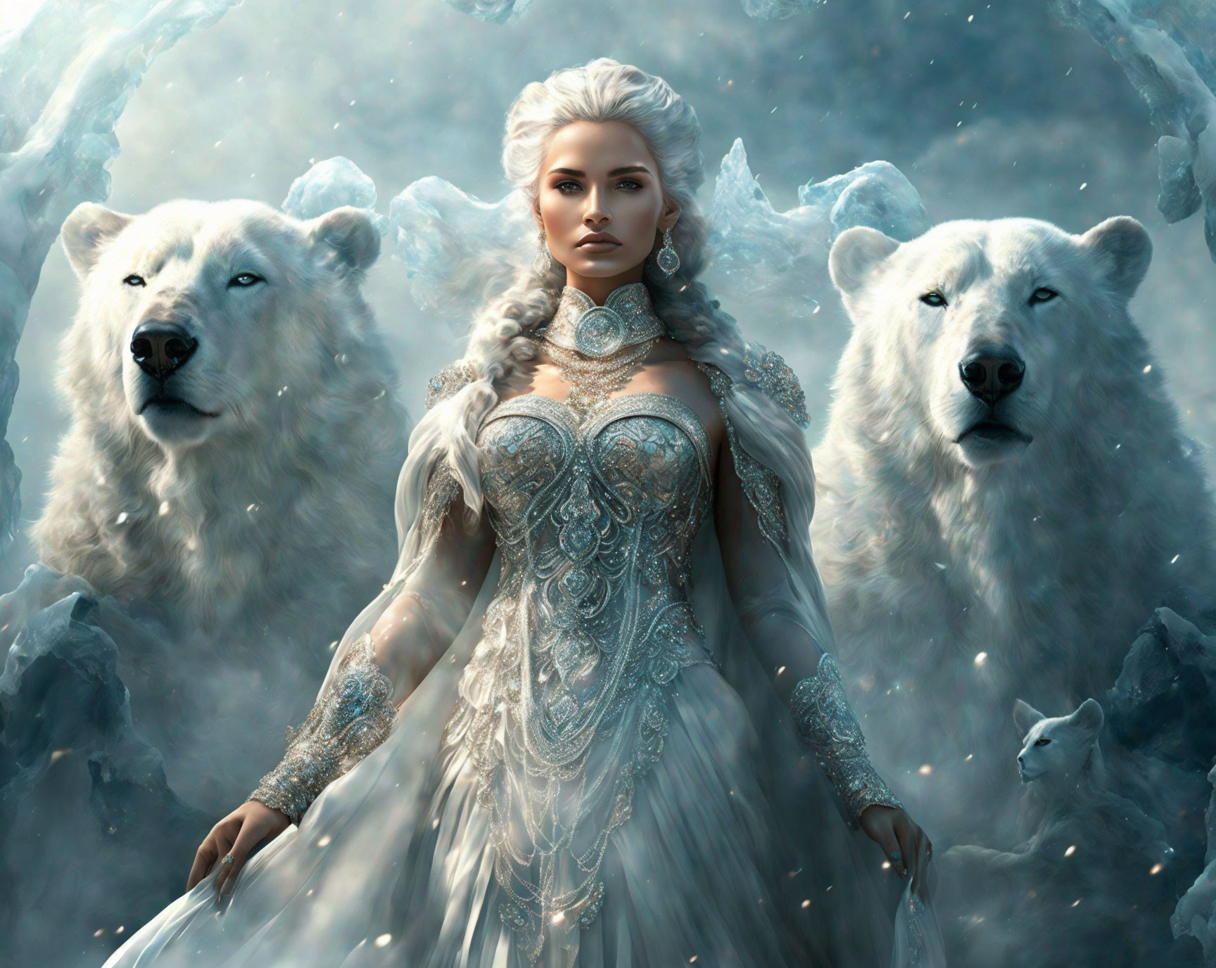 Regal woman in white gown with majestic white wolves on icy backdrop