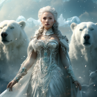 Regal woman in white gown with majestic white wolves on icy backdrop