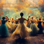 Ethereal ballerinas in tutus on stage with warm lighting