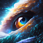 Vivid blue eye with celestial clouds and stars in surreal cosmic image