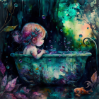 Child in whimsical bathtub with bubbles and nature against dreamlike green and blue backdrop