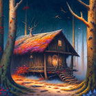 Cozy wooden cottage among autumn trees at twilight