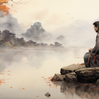 Traditional Asian Landscape Painting with Figure by Misty Lake