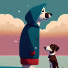 Large dog in hooded coat with smaller dog under dreamy sky