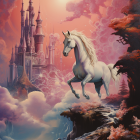 White unicorn on precipice with pink forest & castle in background