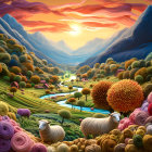 Colorful sunset landscape with rolling hills, river, yarn-like sheep, and vibrant trees.