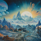 Mountainous Landscape Painting with Moon, Sunbeams, and Starry Sky