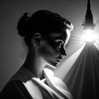 Monochromatic profile portrait with dramatic lighting and shadows