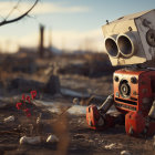 Rusty robot with binocular eyes in barren landscape with wilted tree and red flowers.