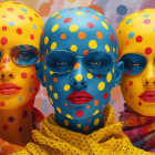 Three people with polka-dot painted faces and yellow headscarves in circular sunglasses on a dotted background