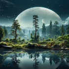 Tranquil night landscape with moon, mountains, lake, stars & fireflies