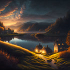 Tranquil night landscape: cottages, lake, mountains