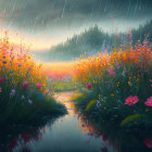 Colorful Meadow with Pink and Yellow Flowers in Rainfall