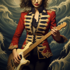 Stylized painting of woman in red jacket playing guitar against ocean backdrop