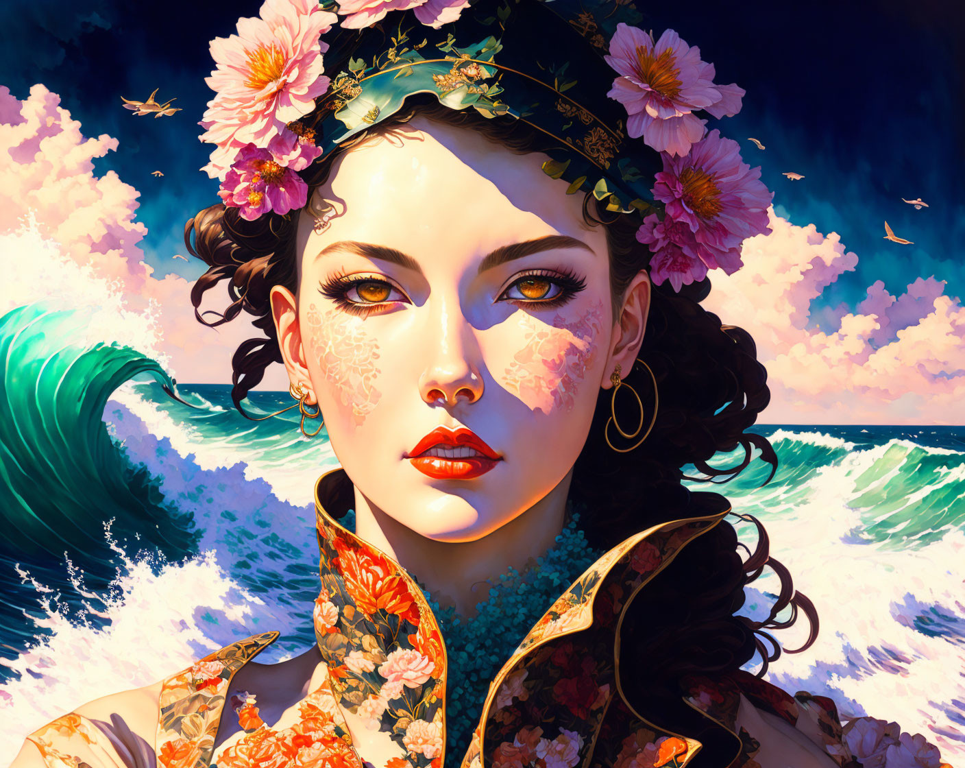 Vibrant portrait of woman with floral headband and colorful jacket against blue waves and cloudy sky