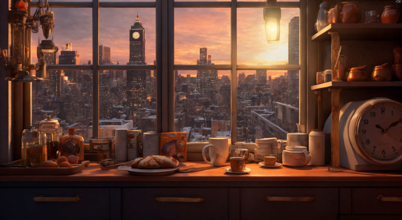 Kitchen interior at sunset with cityscape view and clock tower through window