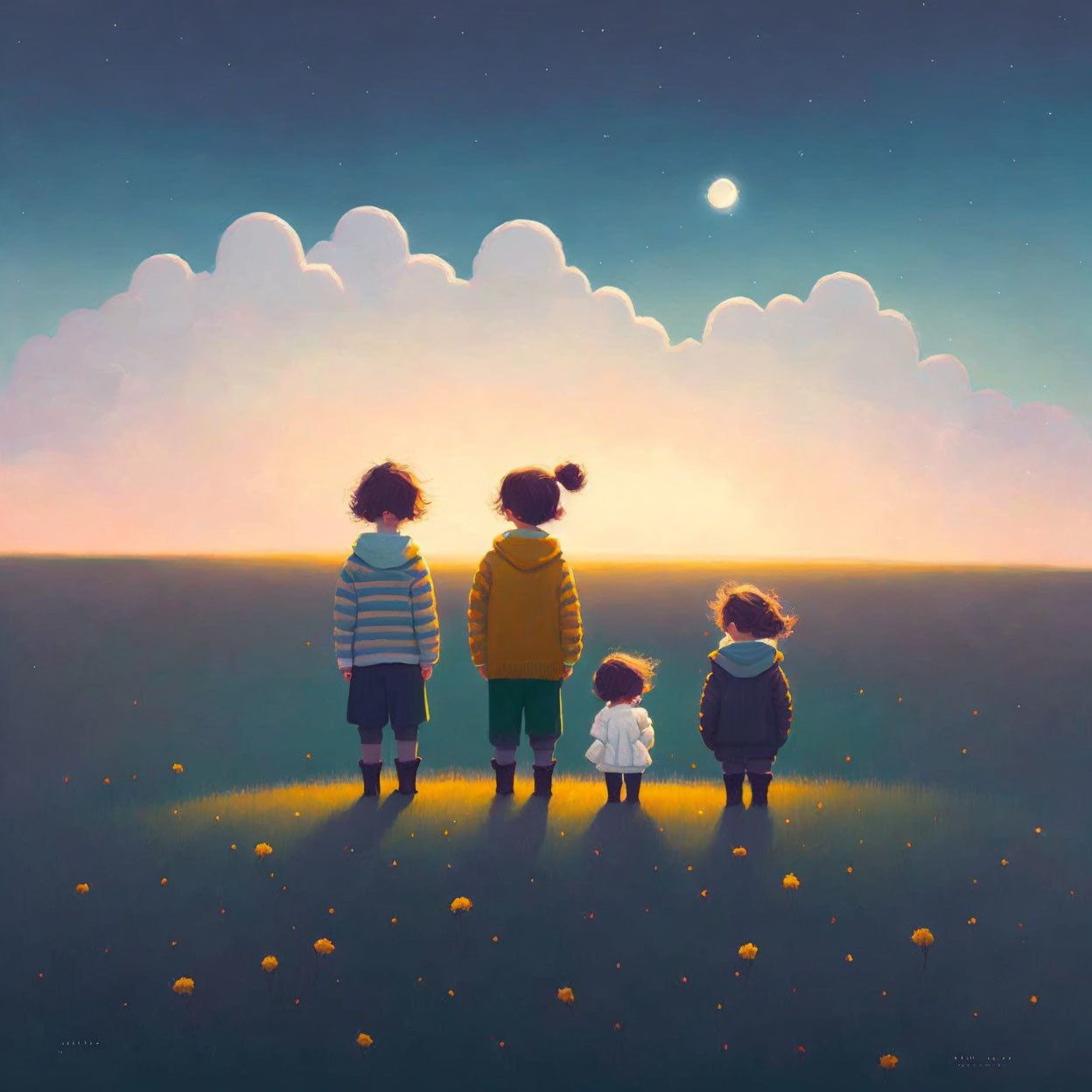 Four children standing in grassy field at dusk under crescent moon and glowing horizon.