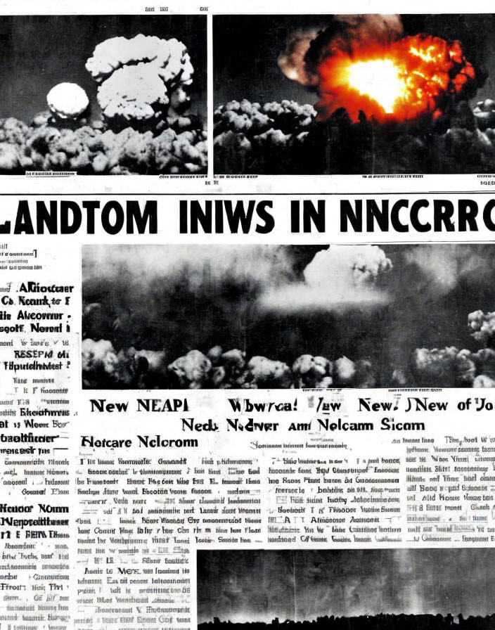 Monochrome newspaper page featuring explosion photo & headlines