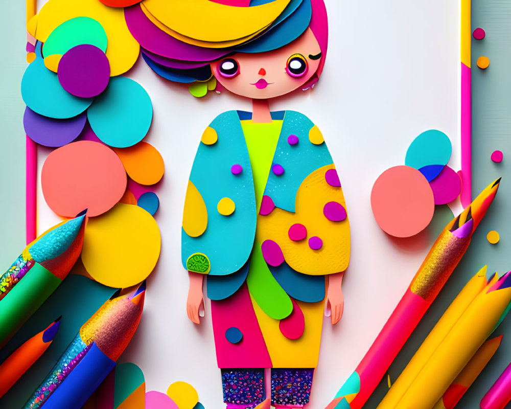 Colorful 3D illustration of stylized girl with oversized pencils in vibrant setting