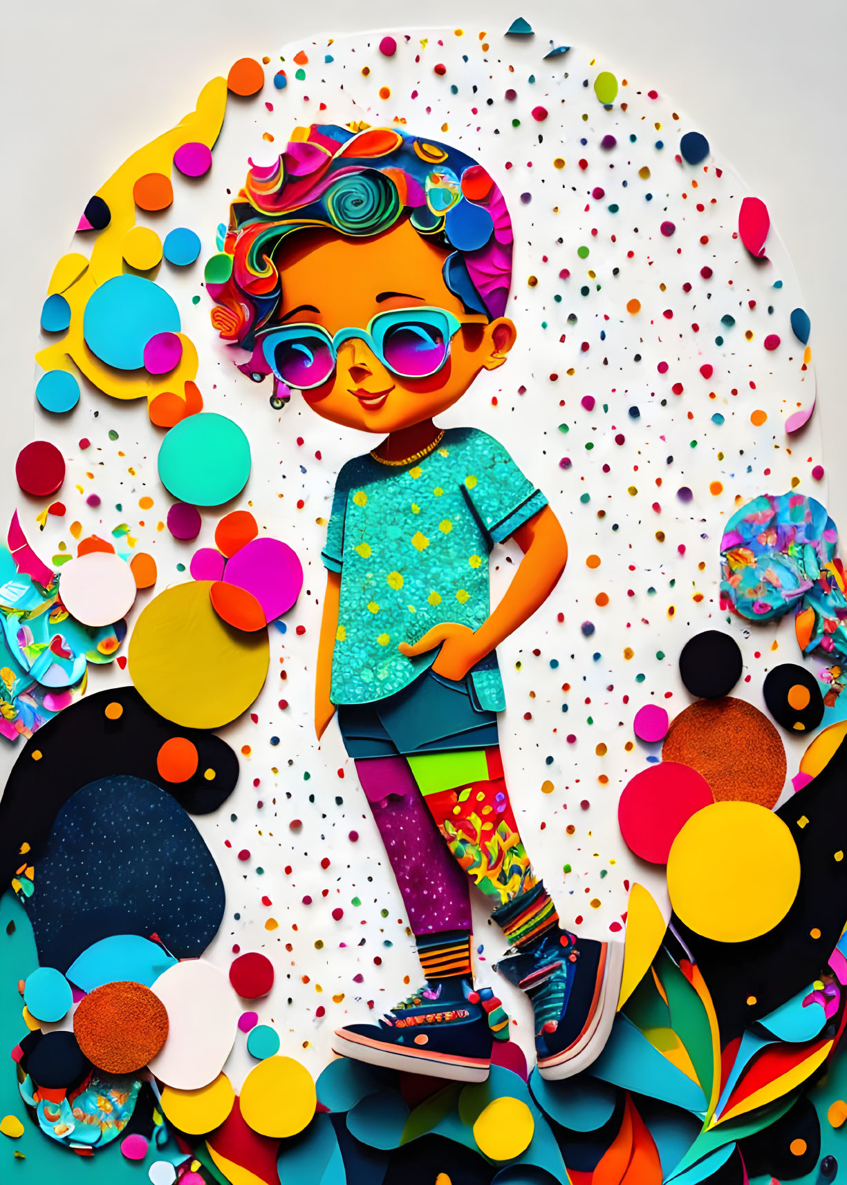 Colorful child with glasses in vibrant illustration