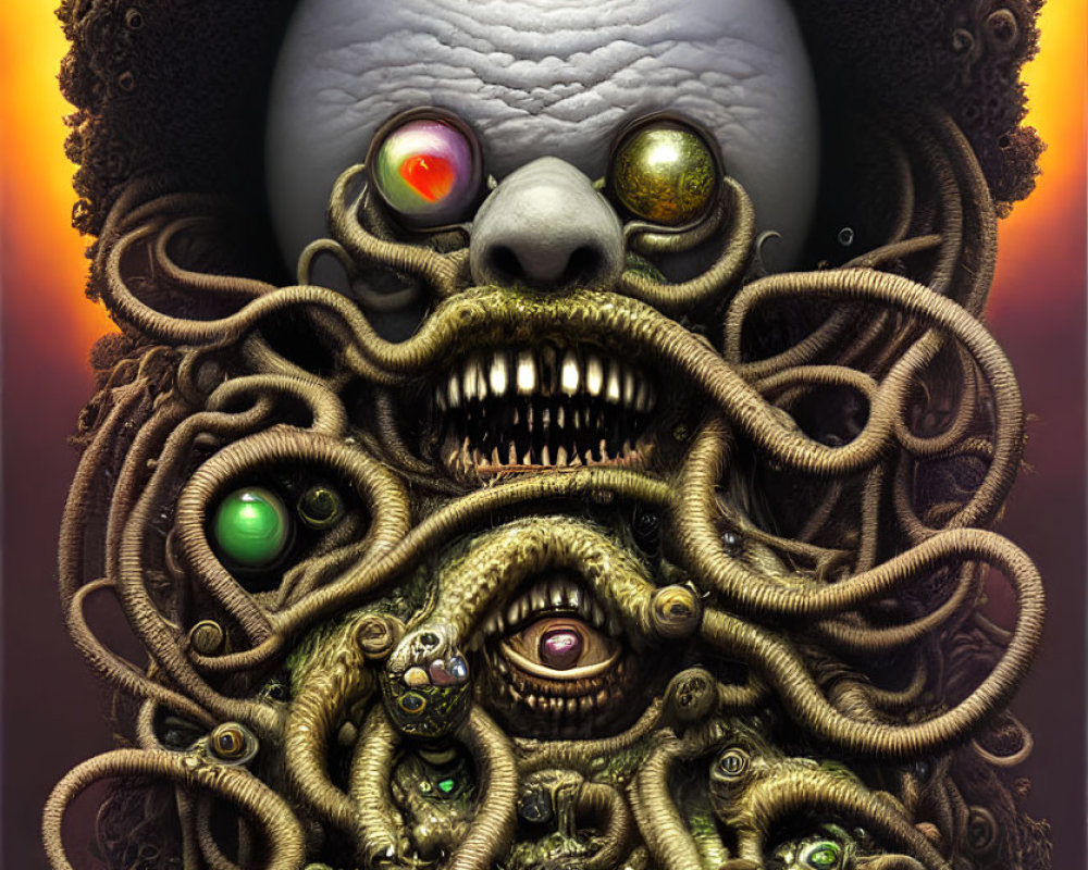 Monstrous surreal face with varied eyes, toothy maw, and tendrils on eerie backdrop