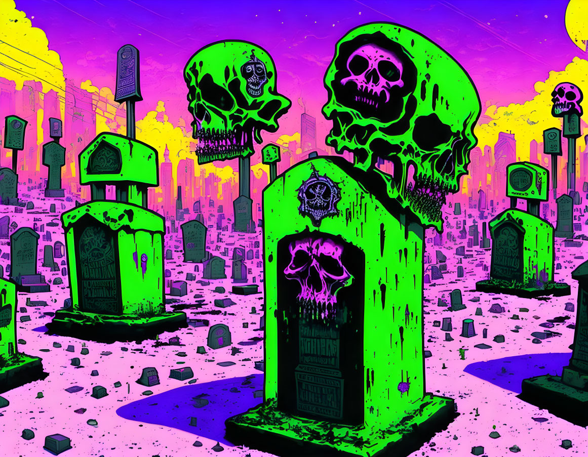 Neon-colored artwork of graveyard with green skulls & purple sky