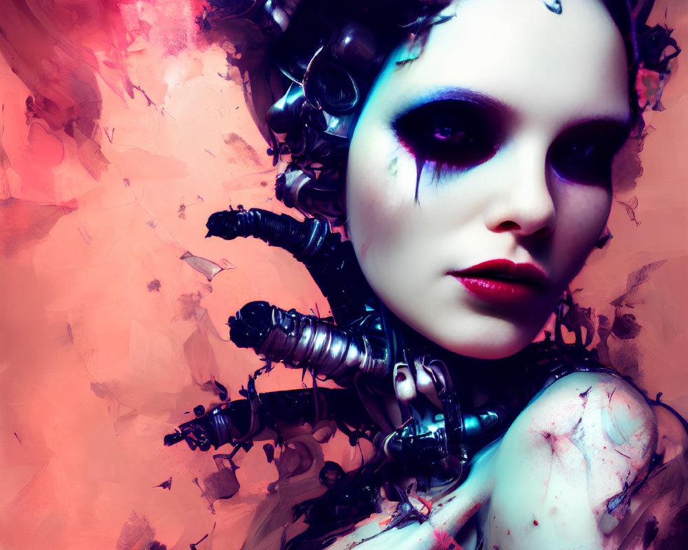 Cyberpunk-inspired portrait with mechanical parts and vivid color splashes