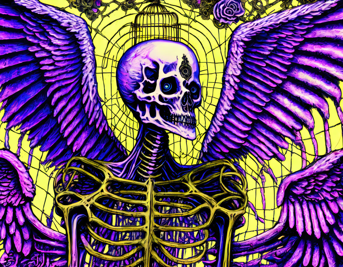 Detailed Skeleton with Wings on Yellow Background: Gothic & Psychedelic Illustration