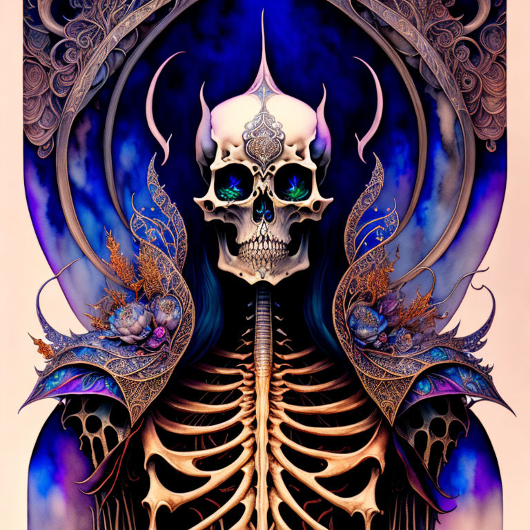 Detailed Skeleton Illustration with Ornate Skull and Intricate Patterns in Deep Purple Hues