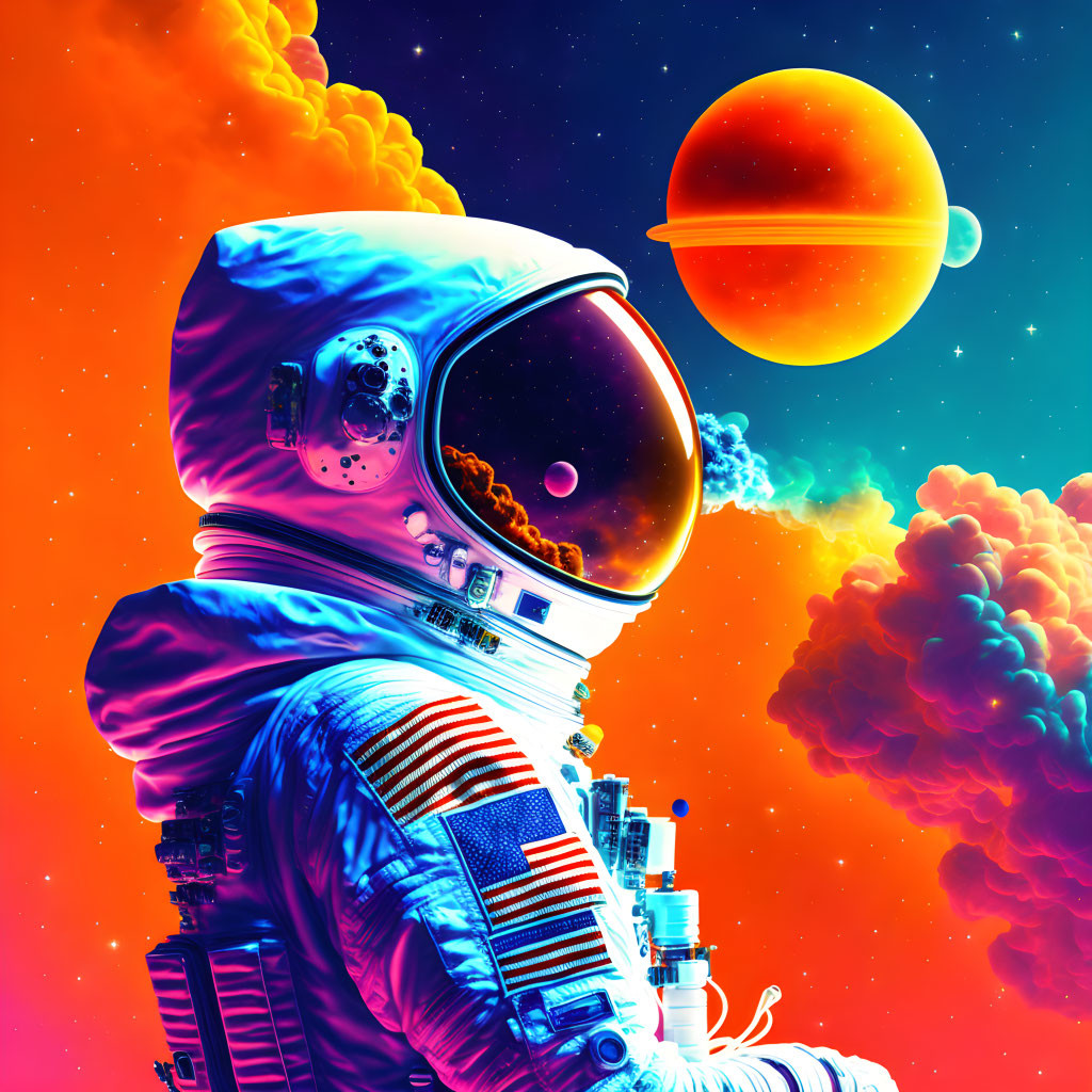 Astronaut in space suit with cosmic backdrop and colorful nebulas.