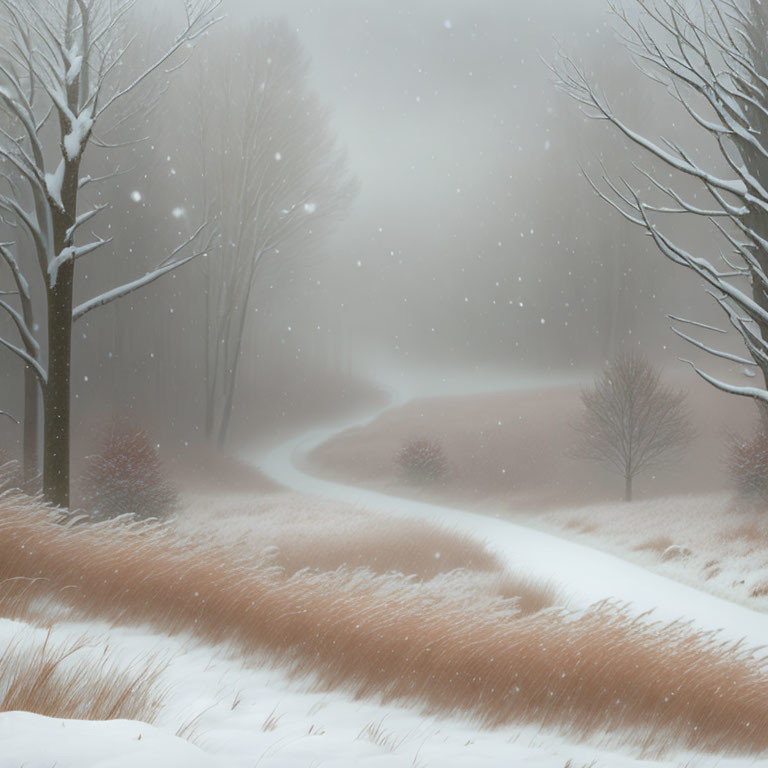 Tranquil snowy path through bare tree forest in gentle snowfall