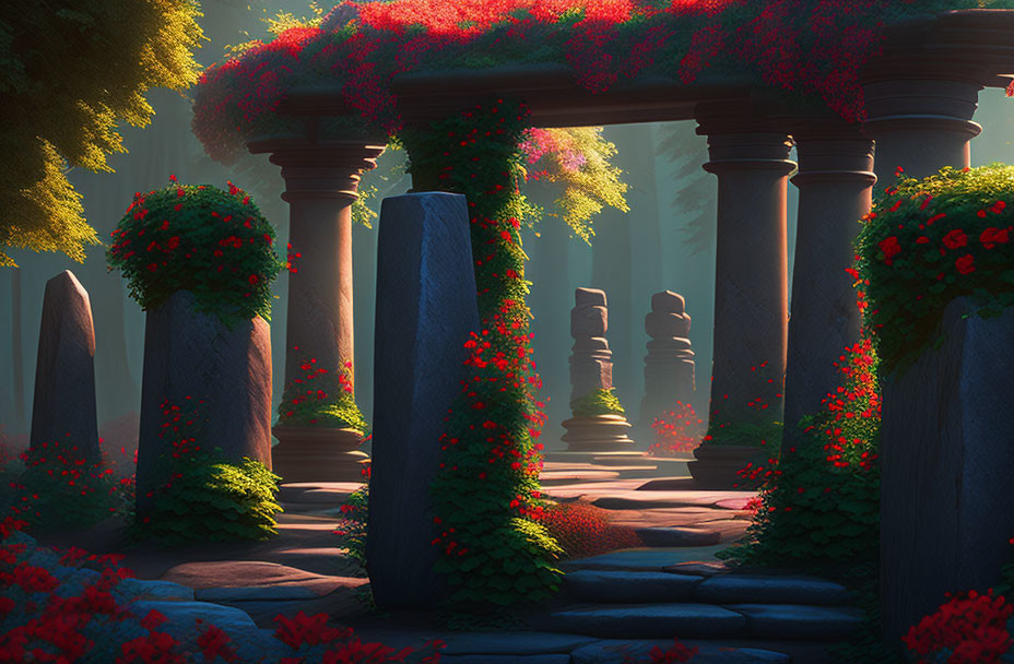 Mystical forest path with stone pillars and red flowers