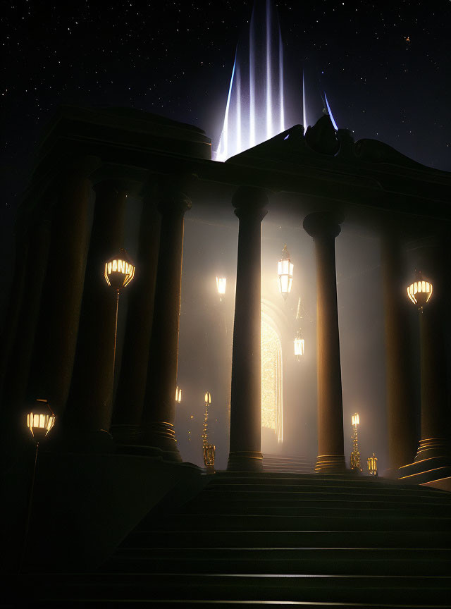 Classical pillars and golden door under radiant night sky