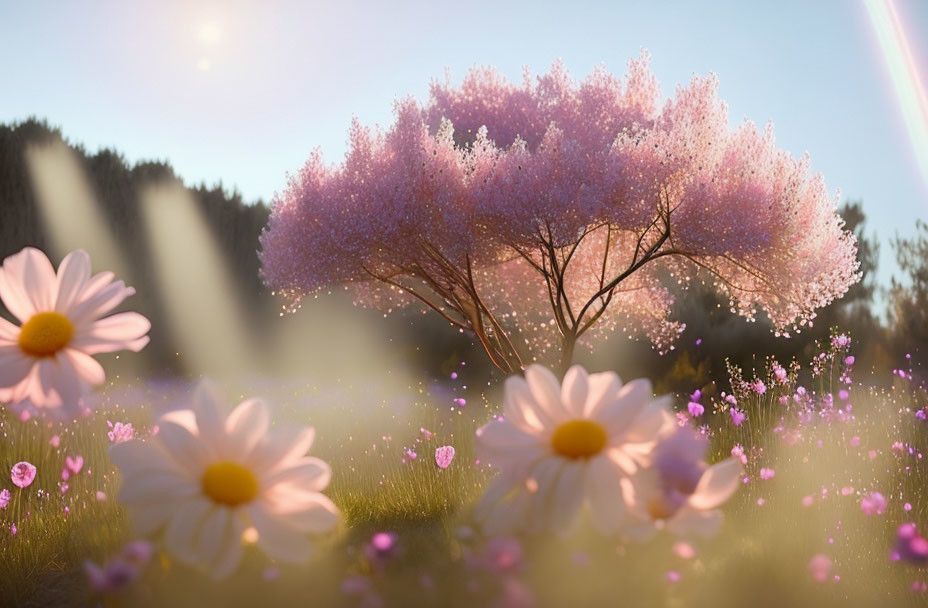 Tranquil landscape with pink blooming tree and forest backdrop