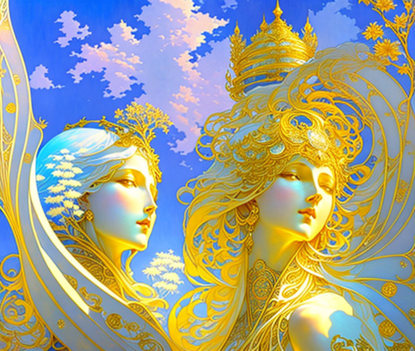 Ethereal figures with golden headpieces in intricate blue backdrop