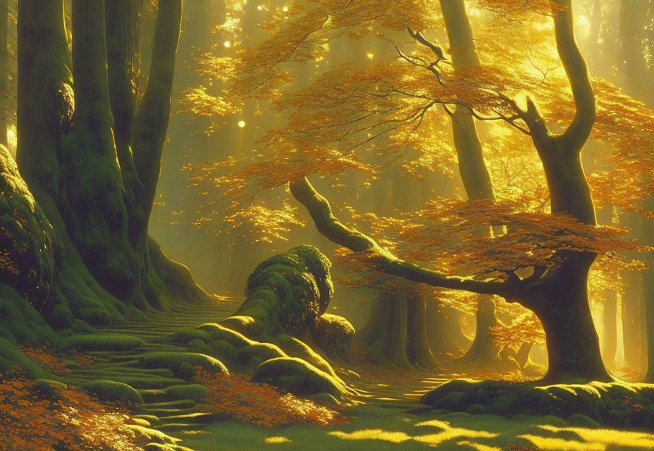 Golden leaf forest with moss-covered ground and sunlight filtering through trees