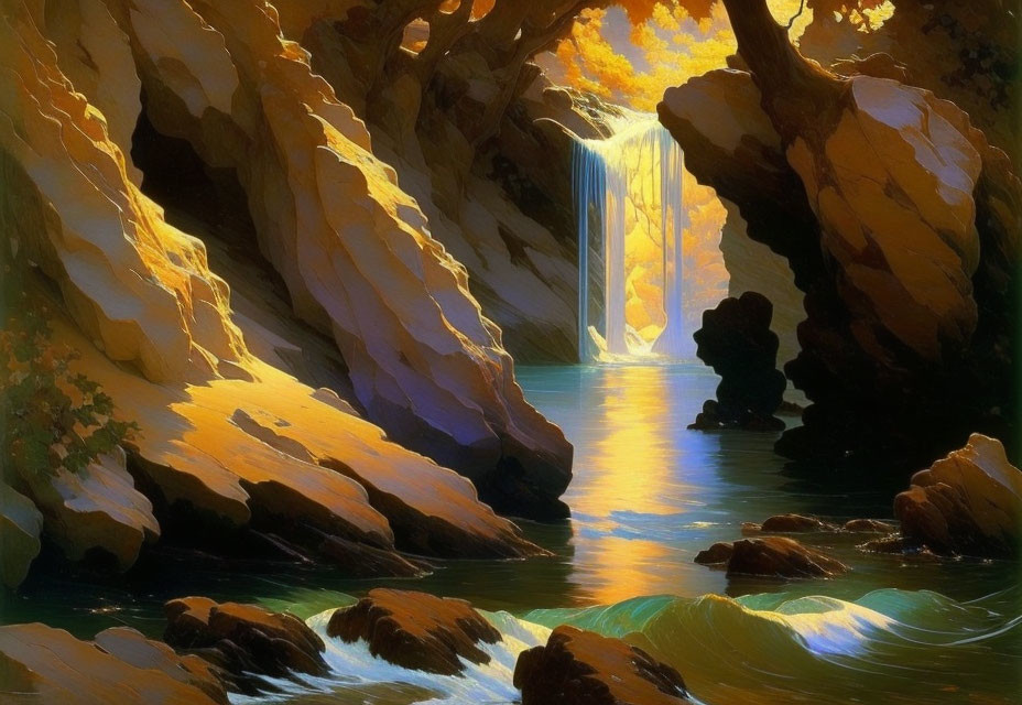Tranquil waterfall in sunlit autumn canyon
