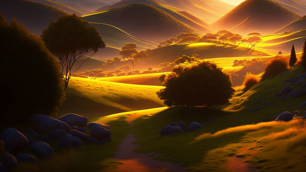 Tranquil sunrise landscape with rolling hills and silhouetted trees