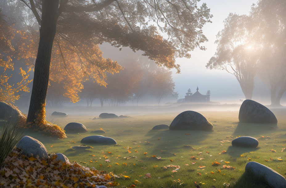 Tranquil autumn park with fog, stones, fallen leaves, golden trees, and gazebo