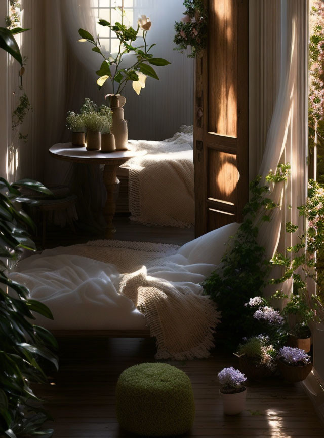 Sunlit Room with Daybed, Sheer Curtains, Plants, and Flower Vase