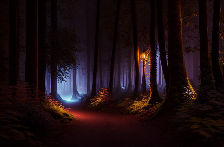 Enchanting forest path with tall trees and soft blue light