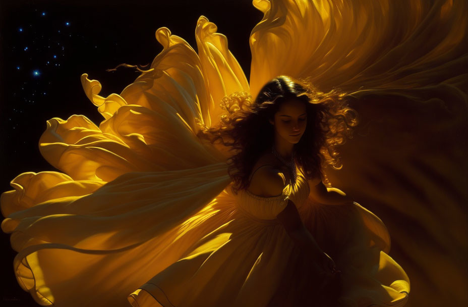 Woman in Radiant Yellow Dress Against Starry Background