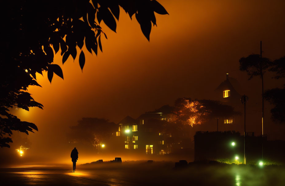 Silhouette of person walking on foggy night street with glowing lights