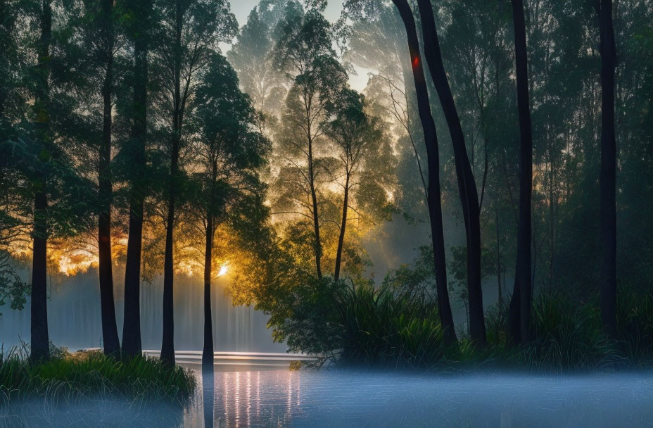 Tranquil sunrise over misty forest and calm lake