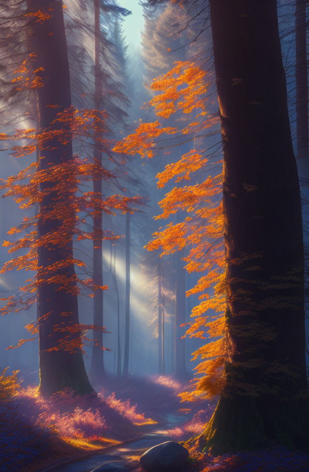 Mystical forest with tall trees and pinkish foliage under sunlight