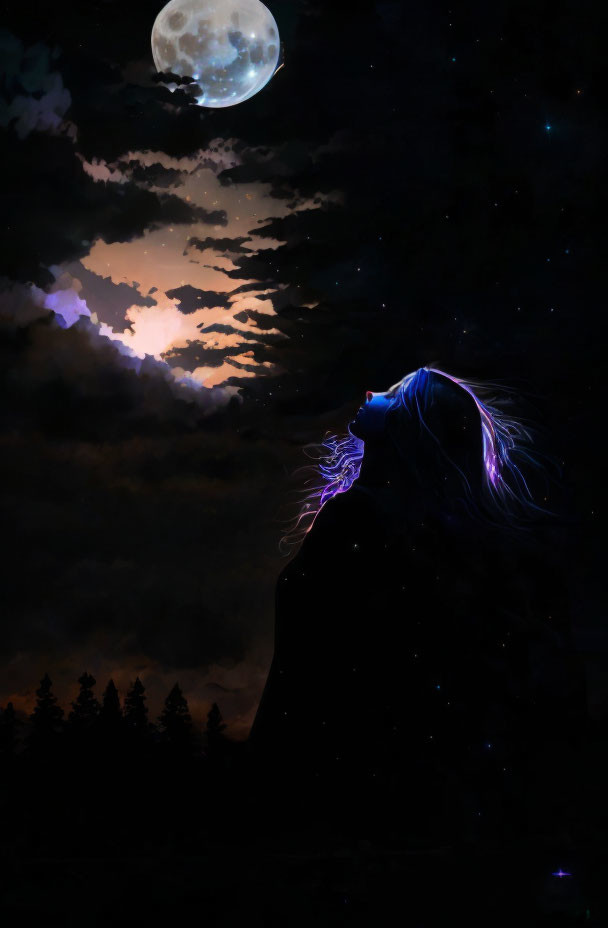 Silhouette of person with glowing hair gazing at moonlit night sky