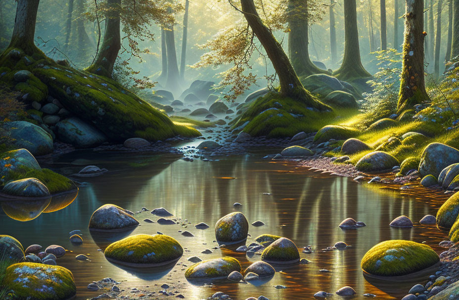 Tranquil forest scene with sunlight, stream, and greenery