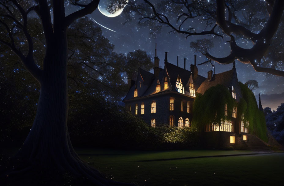 Spooky mansion illuminated by crescent moon at night