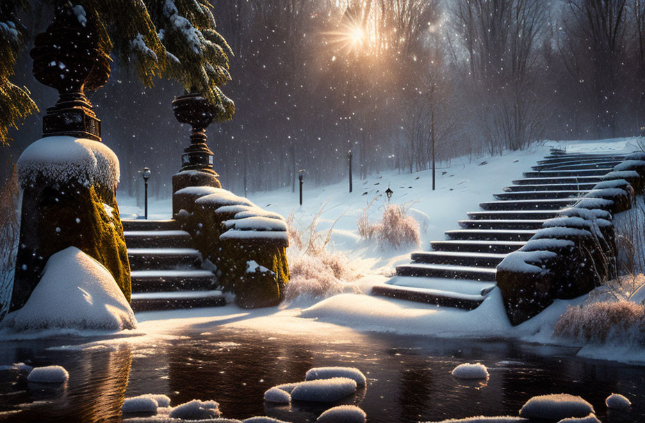 Snow-covered Steps and Trees in Winter Scene